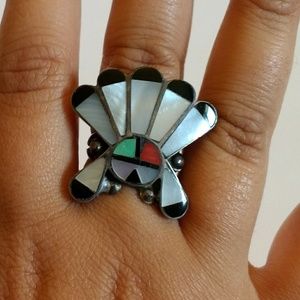 Zuni startling silver sun inlay ring